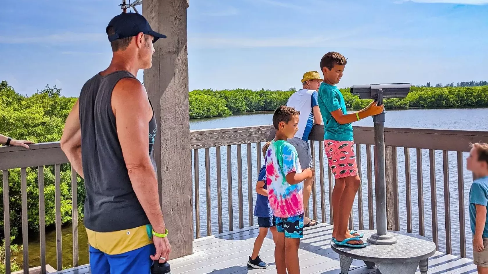 A family watches for wildlife on a outlook post