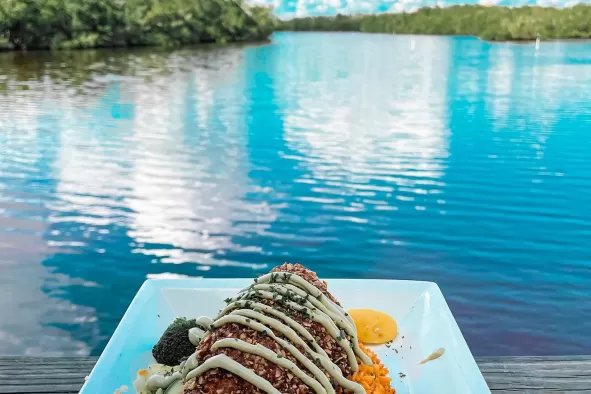 plate of food by the water