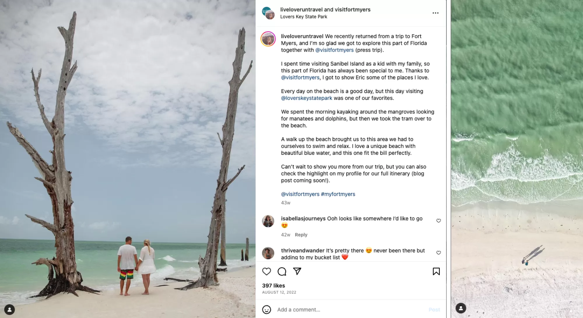 A screenshot of an IG post featuring Lovers Key state park