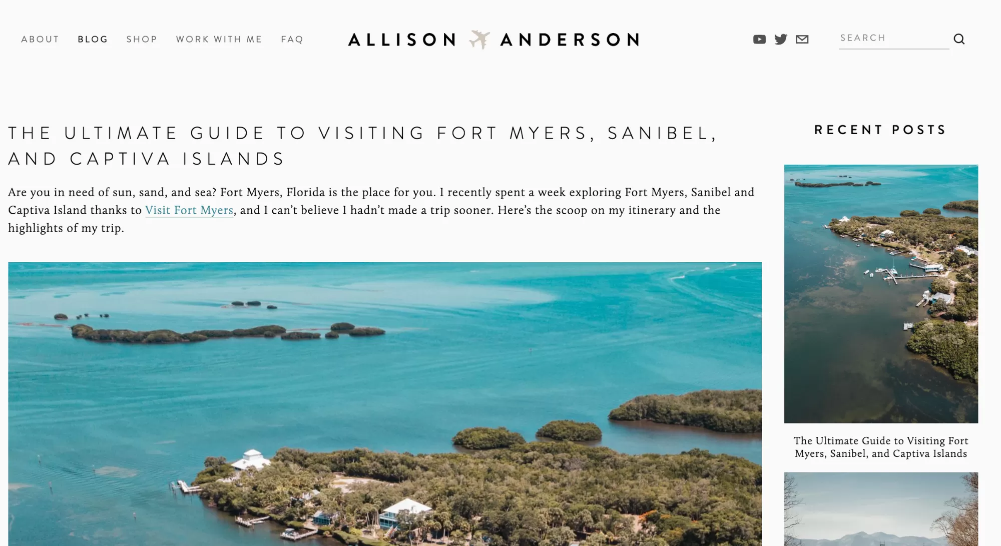 Screenshot of a blog post titled THE ULTIMATE GUIDE TO VISITING FORT MYERS, SANIBEL, AND CAPTIVA ISLANDS